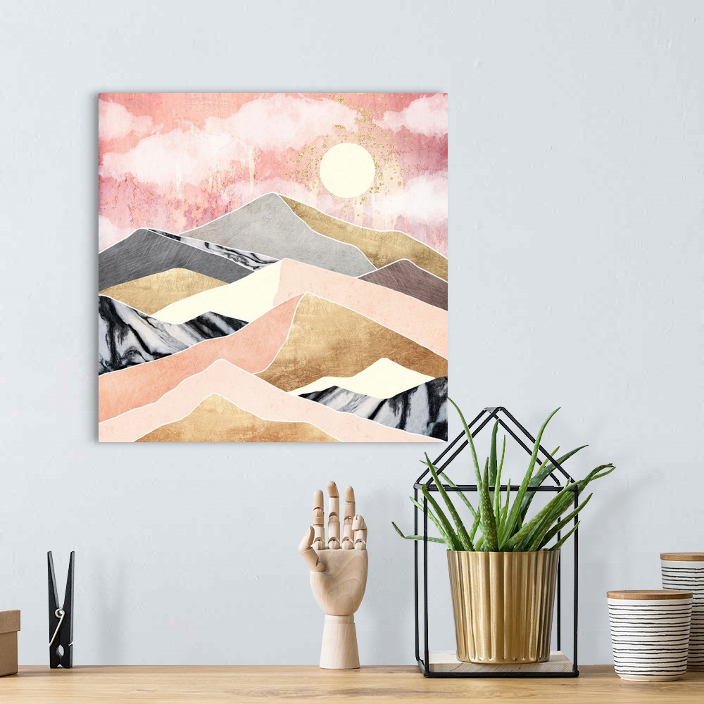 A bohemian room featuring Abstract depiction of a summer sun with mountains, pink, gold, black and yellow.