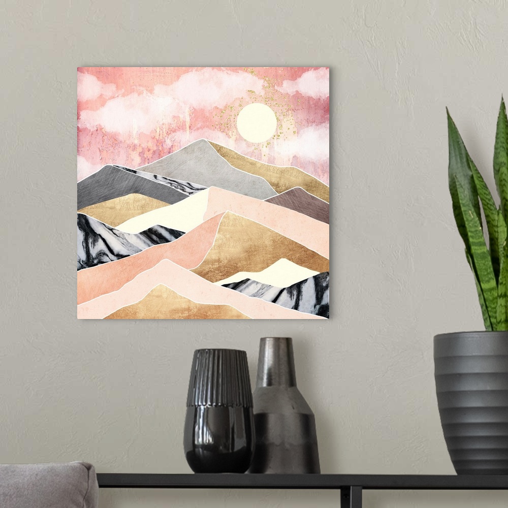 A modern room featuring Abstract depiction of a summer sun with mountains, pink, gold, black and yellow.