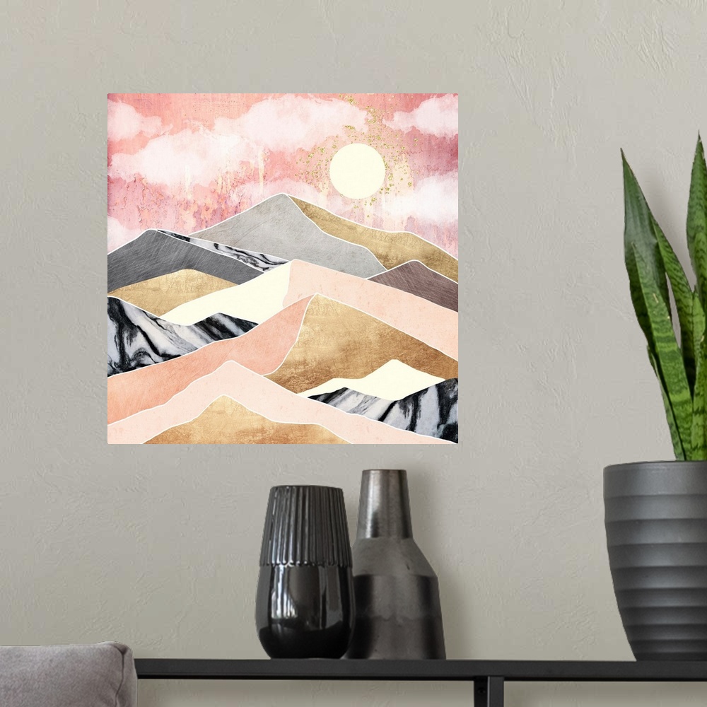 A modern room featuring Abstract depiction of a summer sun with mountains, pink, gold, black and yellow.