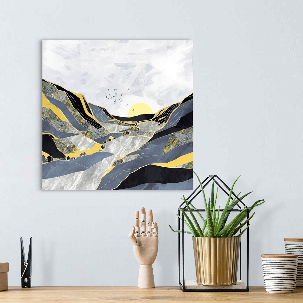 A bohemian room featuring Abstract depiction of a summer valley with birds, grey, yellow and black.