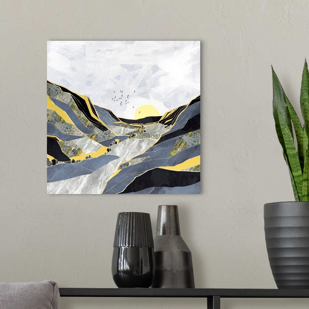 A modern room featuring Abstract depiction of a summer valley with birds, grey, yellow and black.