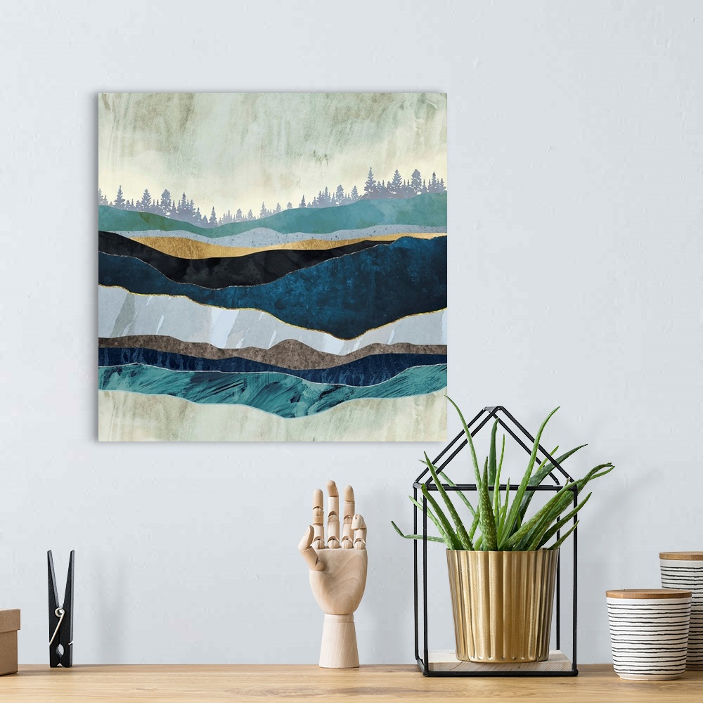 A bohemian room featuring Abstract landscape with turquoise hills, trees, teal, gold and blue.