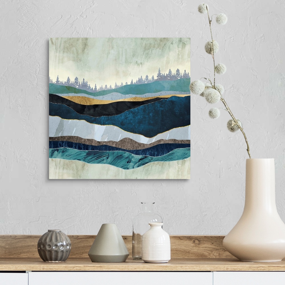 A farmhouse room featuring Abstract landscape with turquoise hills, trees, teal, gold and blue.