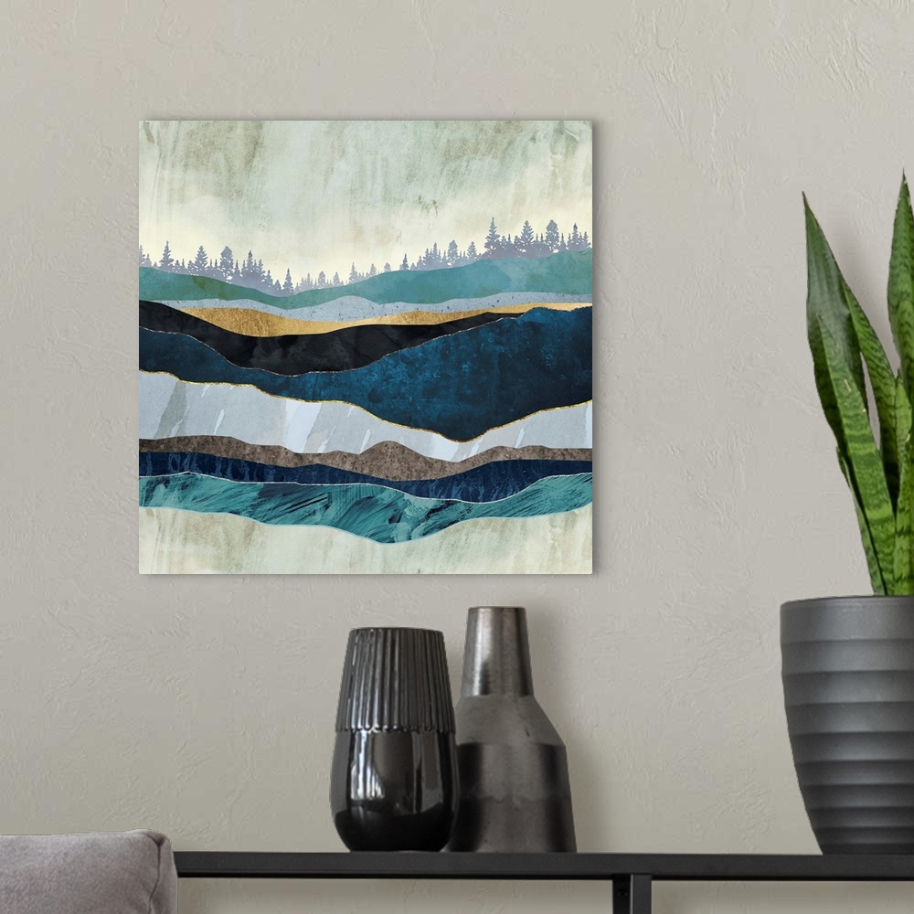 A modern room featuring Abstract landscape with turquoise hills, trees, teal, gold and blue.