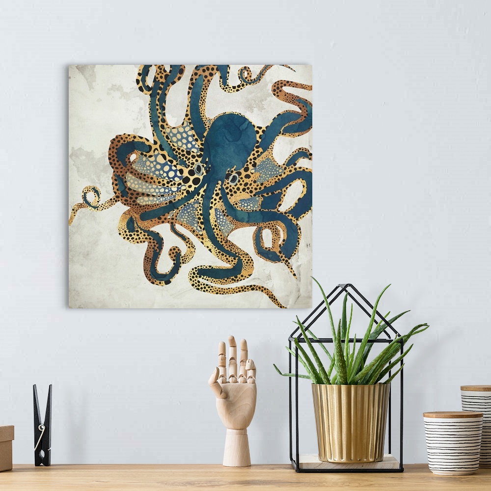 A bohemian room featuring A contemporary illustration of a large octopus in shades of dark teal and gold, on a mottled grey...