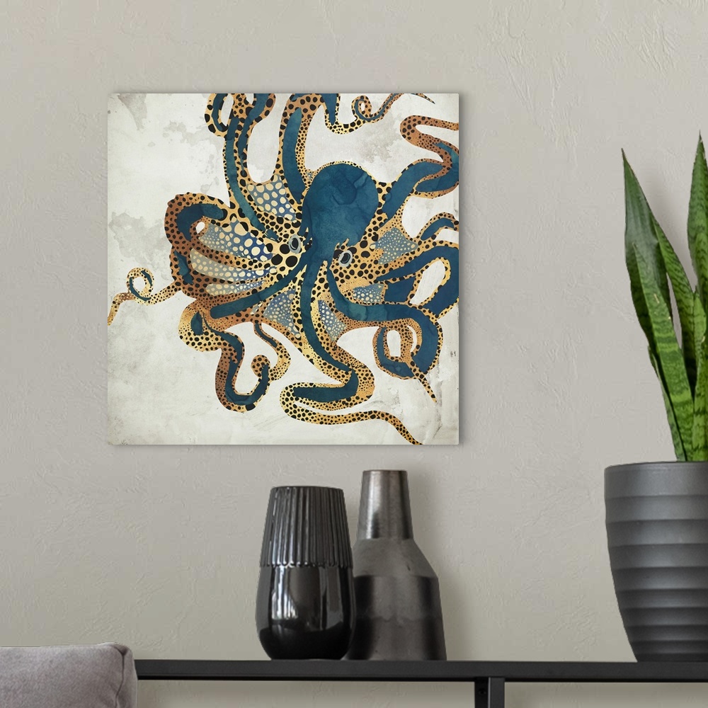 A modern room featuring A contemporary illustration of a large octopus in shades of dark teal and gold, on a mottled grey...