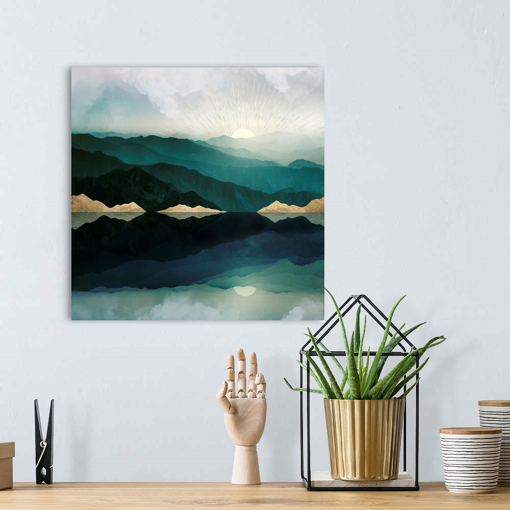 A bohemian room featuring Abstract landscape with reflection featuring mountains, water, moon, sun, clouds, green and gold.