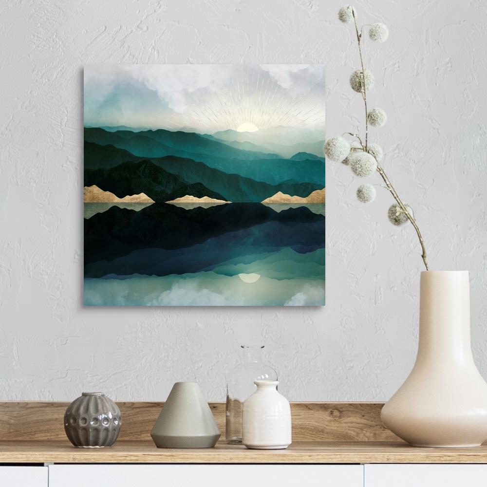 A farmhouse room featuring Abstract landscape with reflection featuring mountains, water, moon, sun, clouds, green and gold.