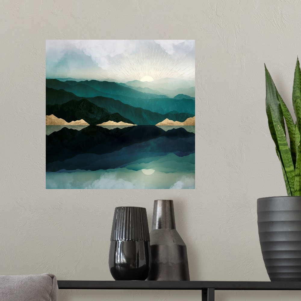 A modern room featuring Abstract landscape with reflection featuring mountains, water, moon, sun, clouds, green and gold.