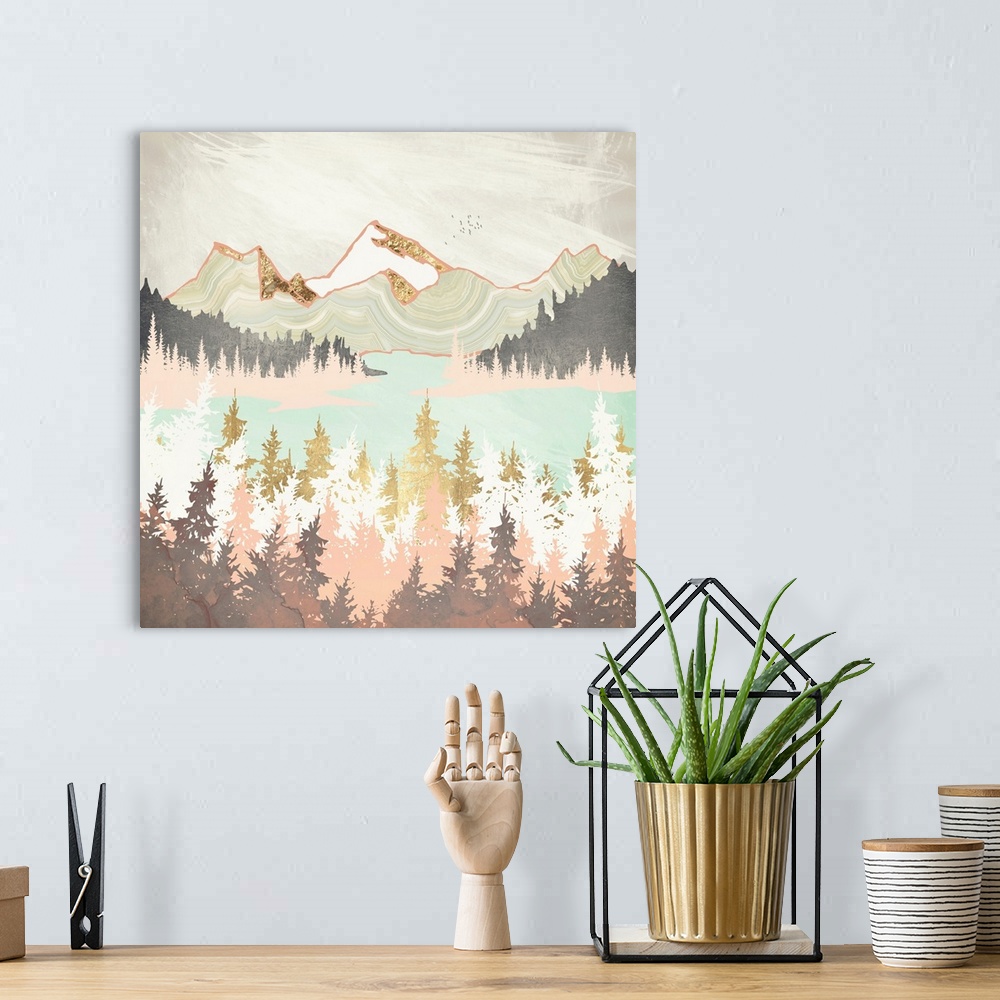 A bohemian room featuring Abstract depiction of a winter bay with mountains, trees, water, gold and pink.