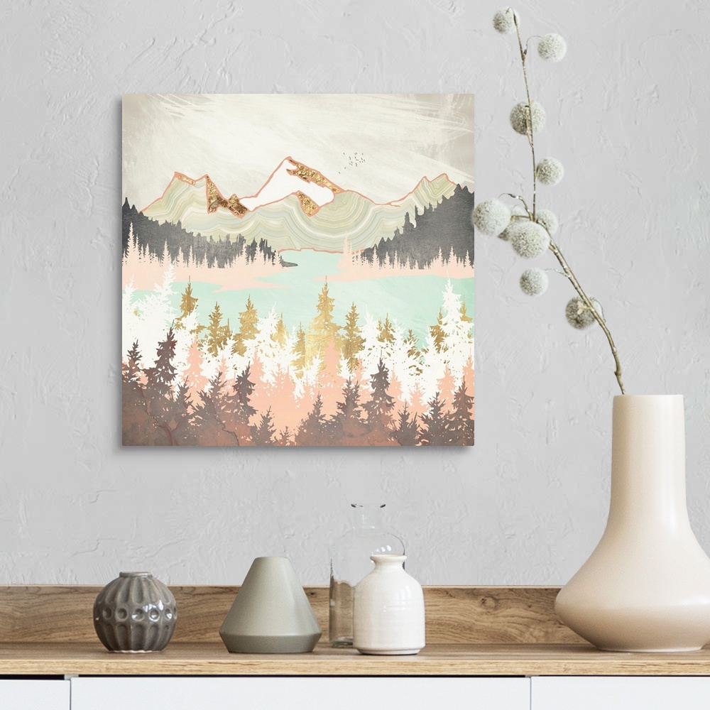 A farmhouse room featuring Abstract depiction of a winter bay with mountains, trees, water, gold and pink.
