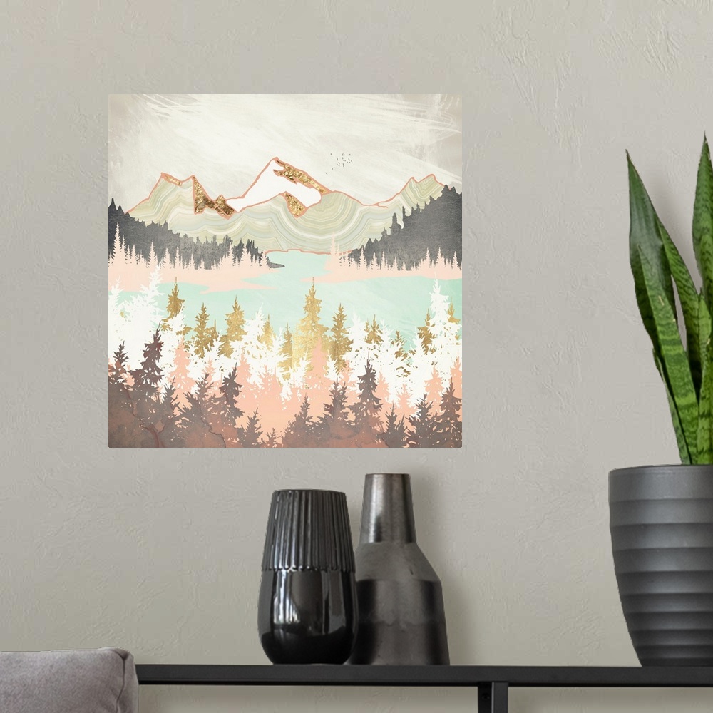 A modern room featuring Abstract depiction of a winter bay with mountains, trees, water, gold and pink.