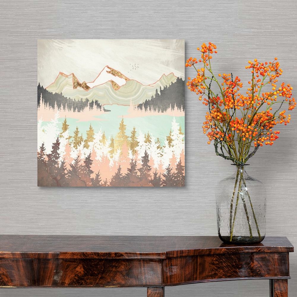 A traditional room featuring Abstract depiction of a winter bay with mountains, trees, water, gold and pink.
