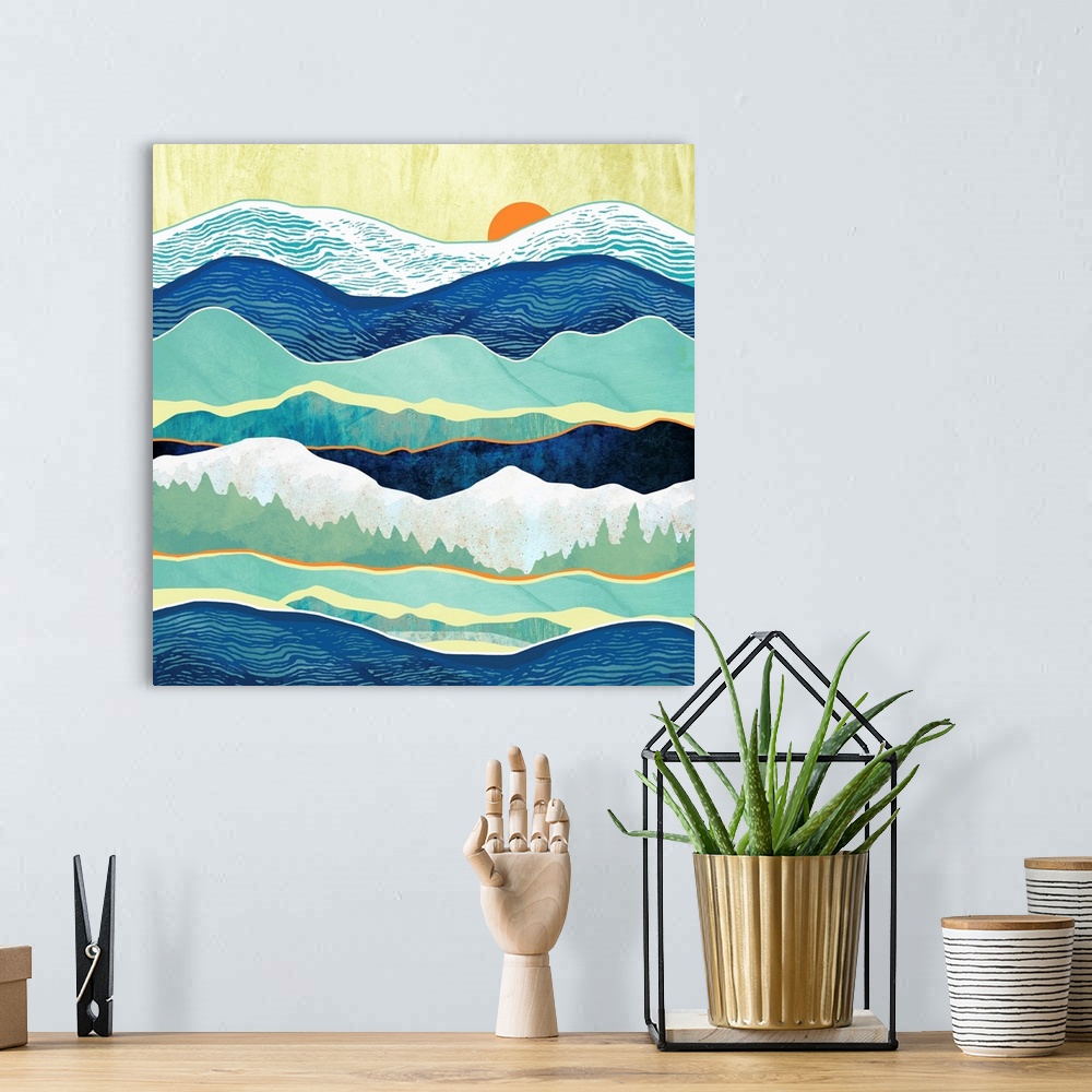 A bohemian room featuring Abstract landscape of a cold winter with blue, mountains, trees, white and green.