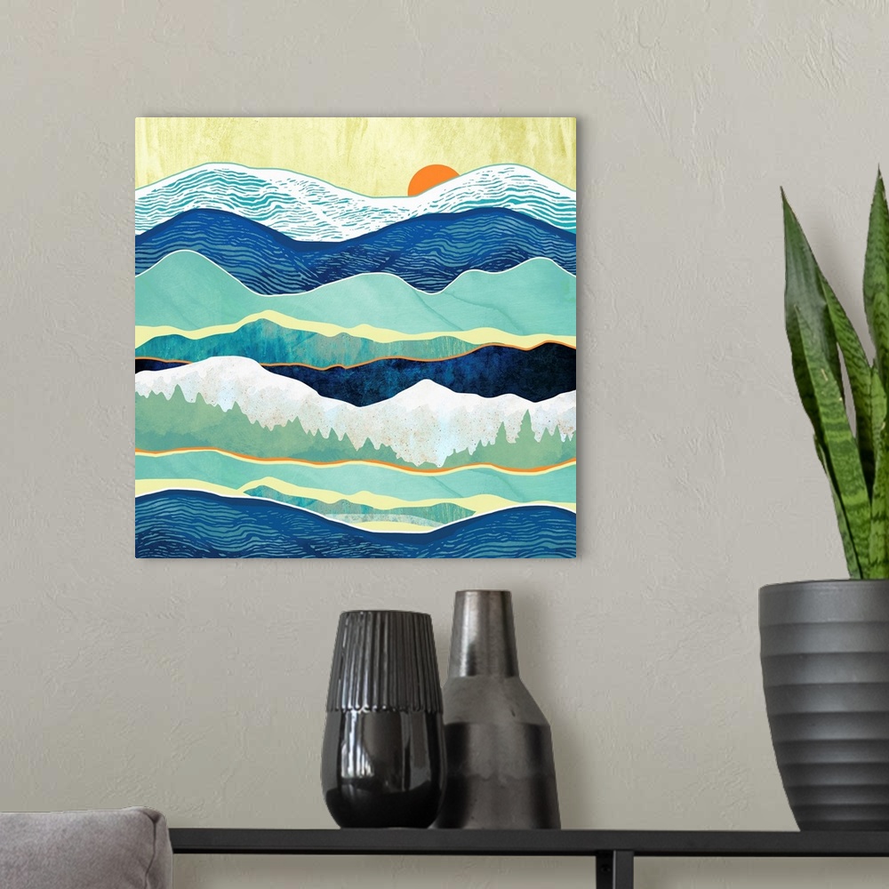 A modern room featuring Abstract landscape of a cold winter with blue, mountains, trees, white and green.