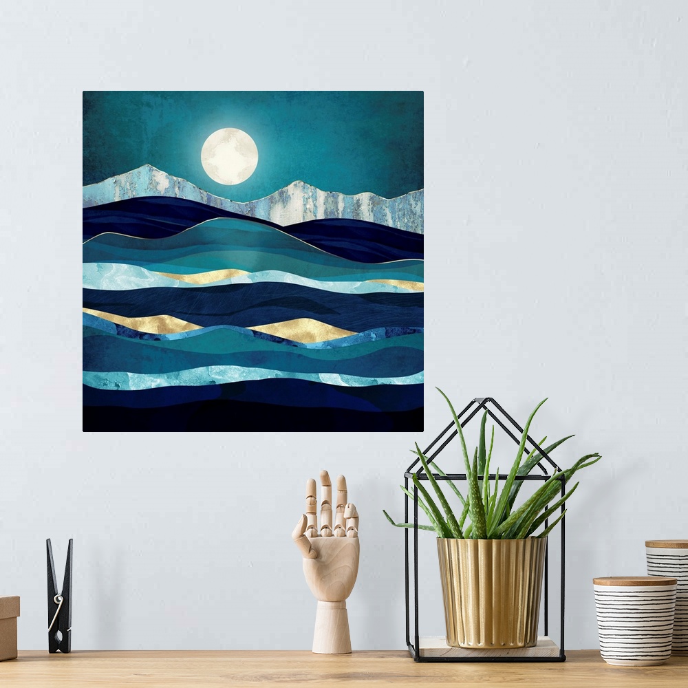 A bohemian room featuring Abstract landscape of rolling waves featurine water, moon, blue, gold and texture.