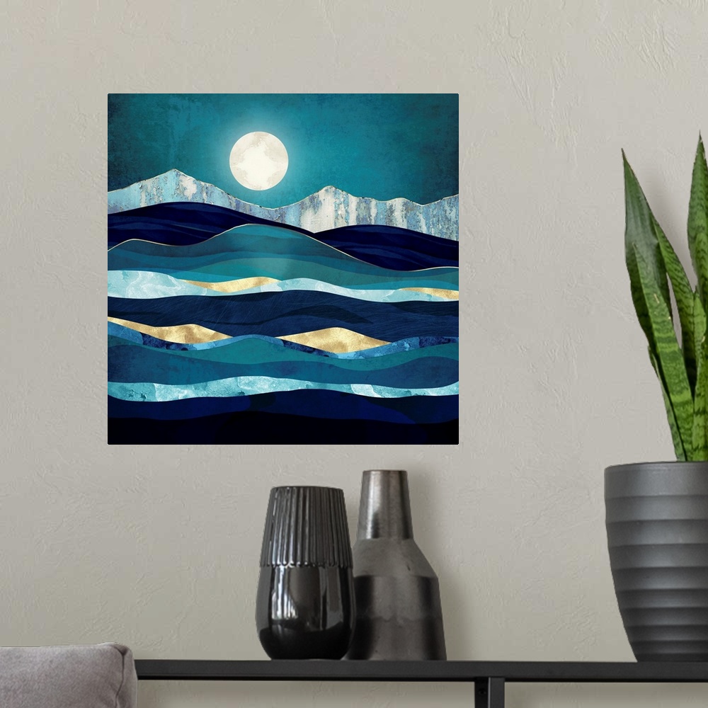 A modern room featuring Abstract landscape of rolling waves featurine water, moon, blue, gold and texture.
