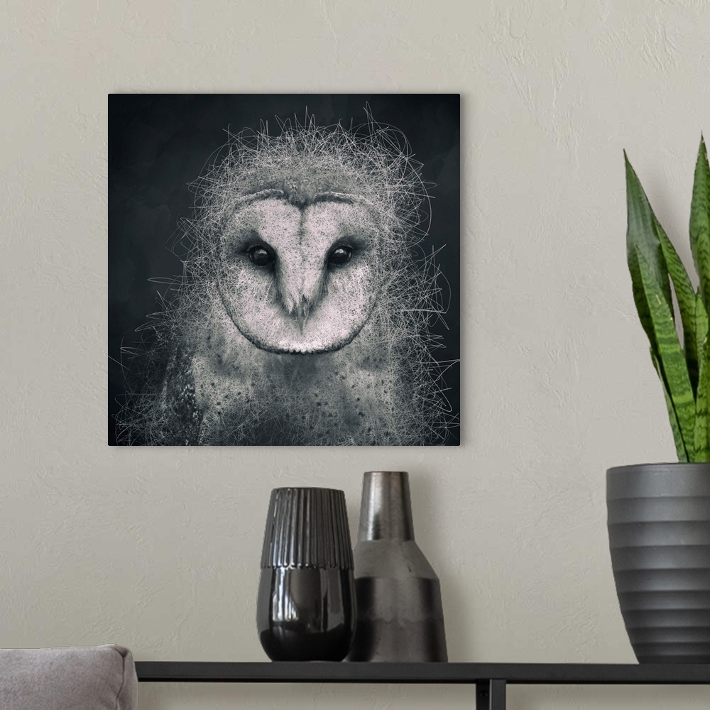 A modern room featuring Abstract depiction of an owl with lines, texture, black, white and grey.