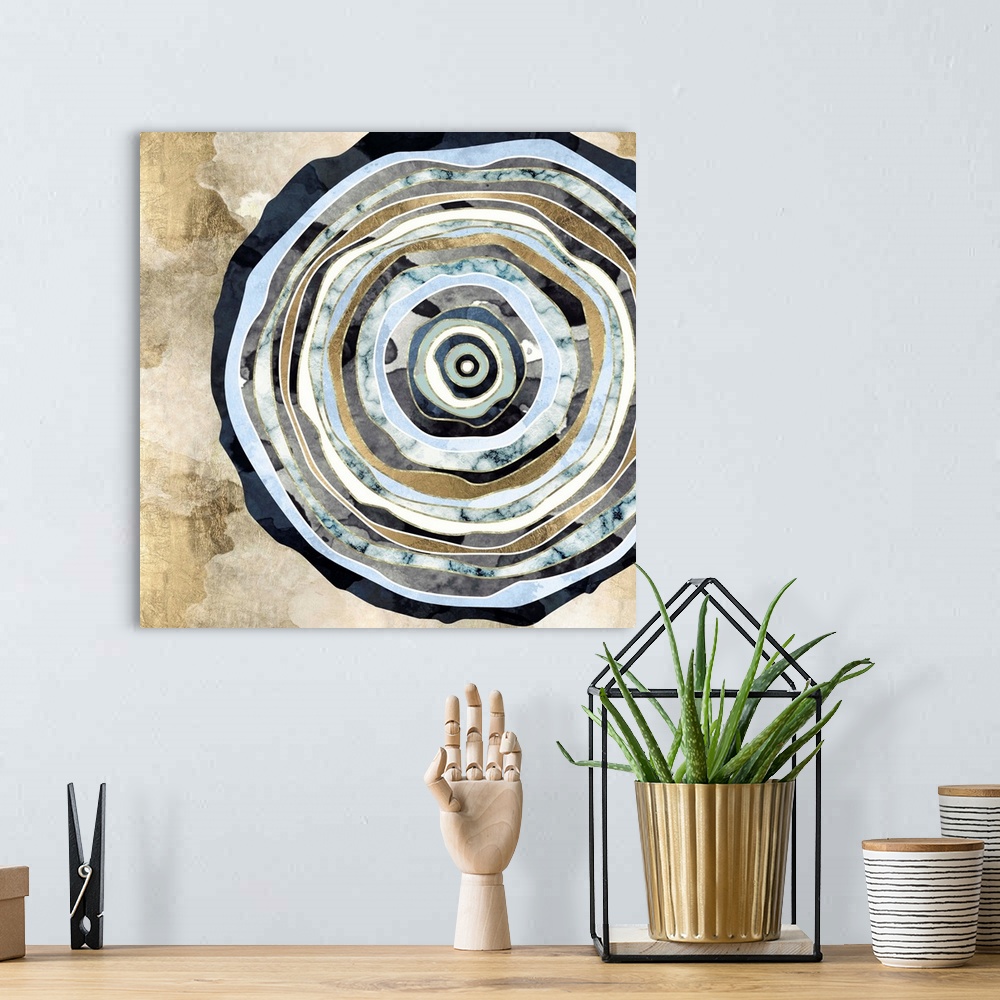 A bohemian room featuring Abstract depiction of a wood slice with texture, blue, gold and ivory.