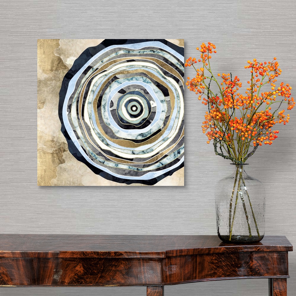 A traditional room featuring Abstract depiction of a wood slice with texture, blue, gold and ivory.