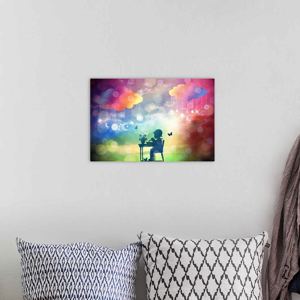 A bohemian room featuring Silhouette of a young child eating at a table with a rainbow bokeh and cloud background.