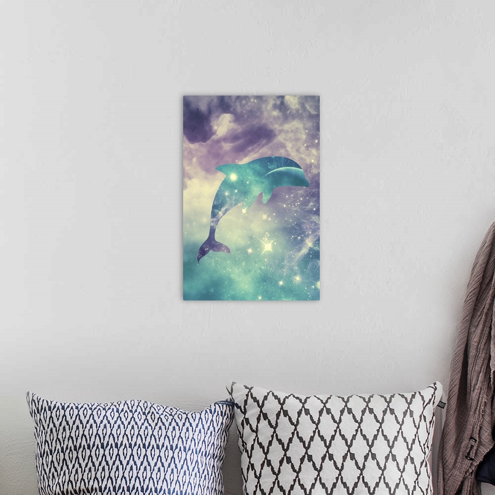 A bohemian room featuring Silhouette of a leaping dolphin with stars and clouds over a starry space scene.