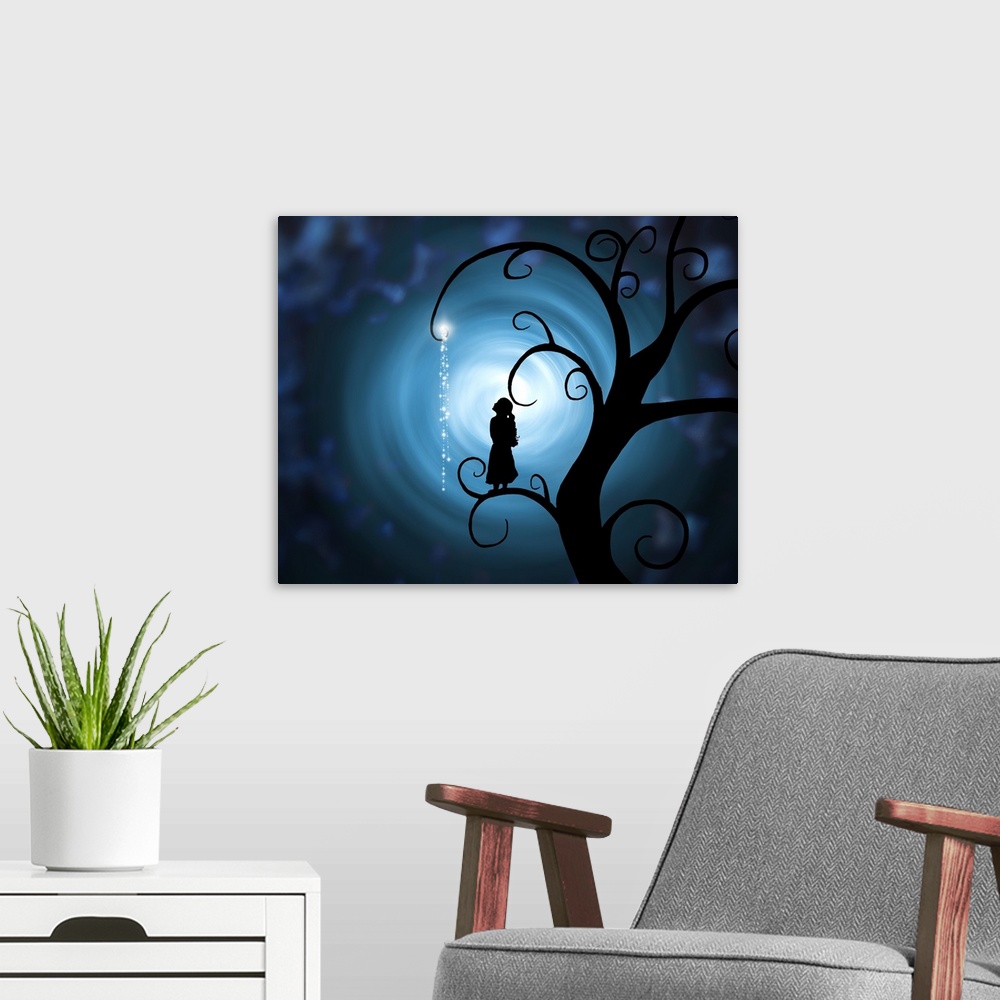 A modern room featuring Horizontal artwork on a big canvas of the silhouette of a young girl standing on a branch on a bi...