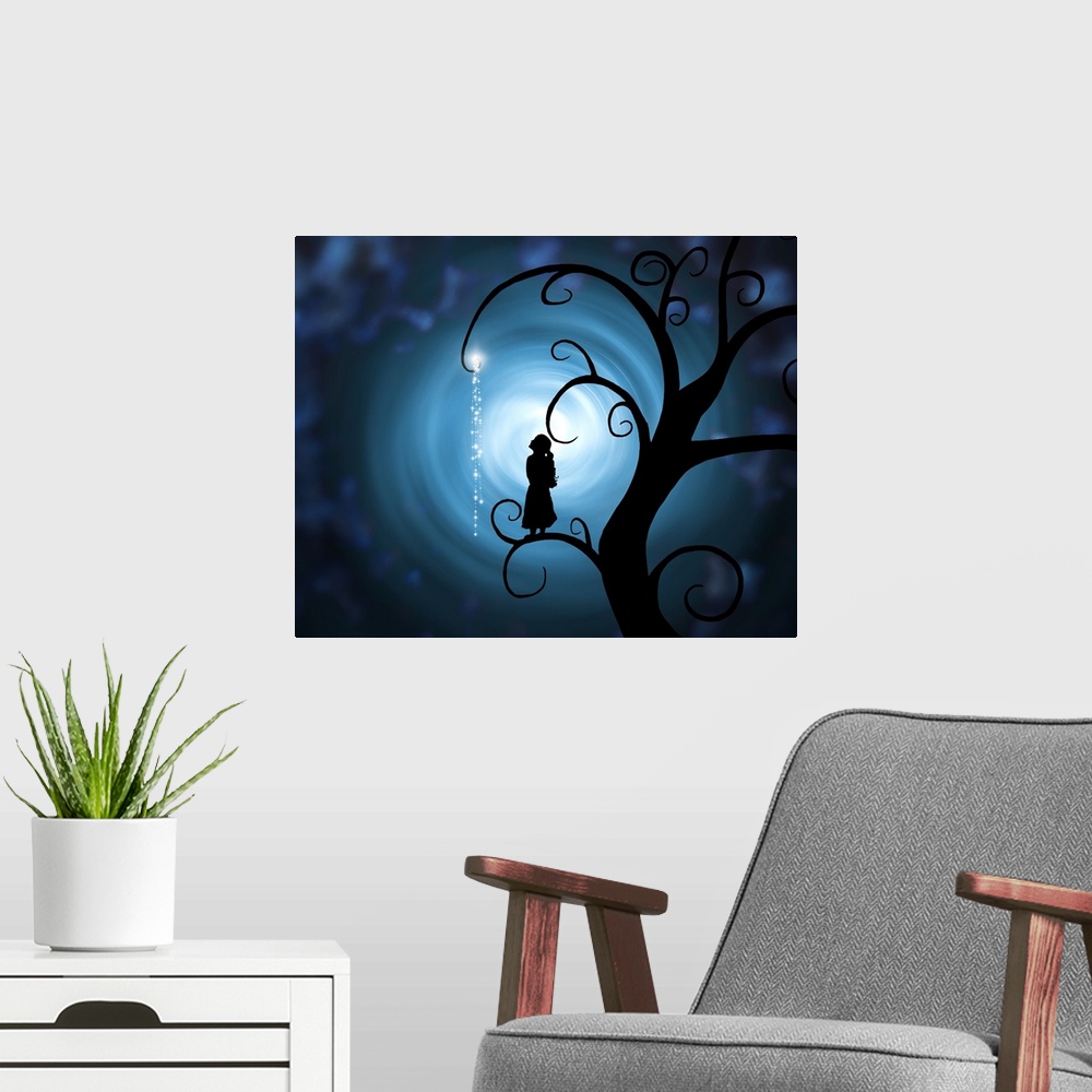 A modern room featuring Horizontal artwork on a big canvas of the silhouette of a young girl standing on a branch on a bi...