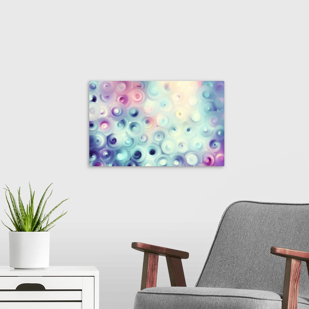 A modern room featuring Abstract artwork of overlapping swirling circles in pastel white, blue, and pink.