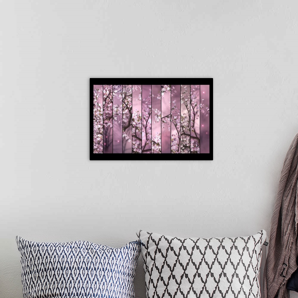 A bohemian room featuring Vertical panels of cherry tree branches full of pink blossoms.