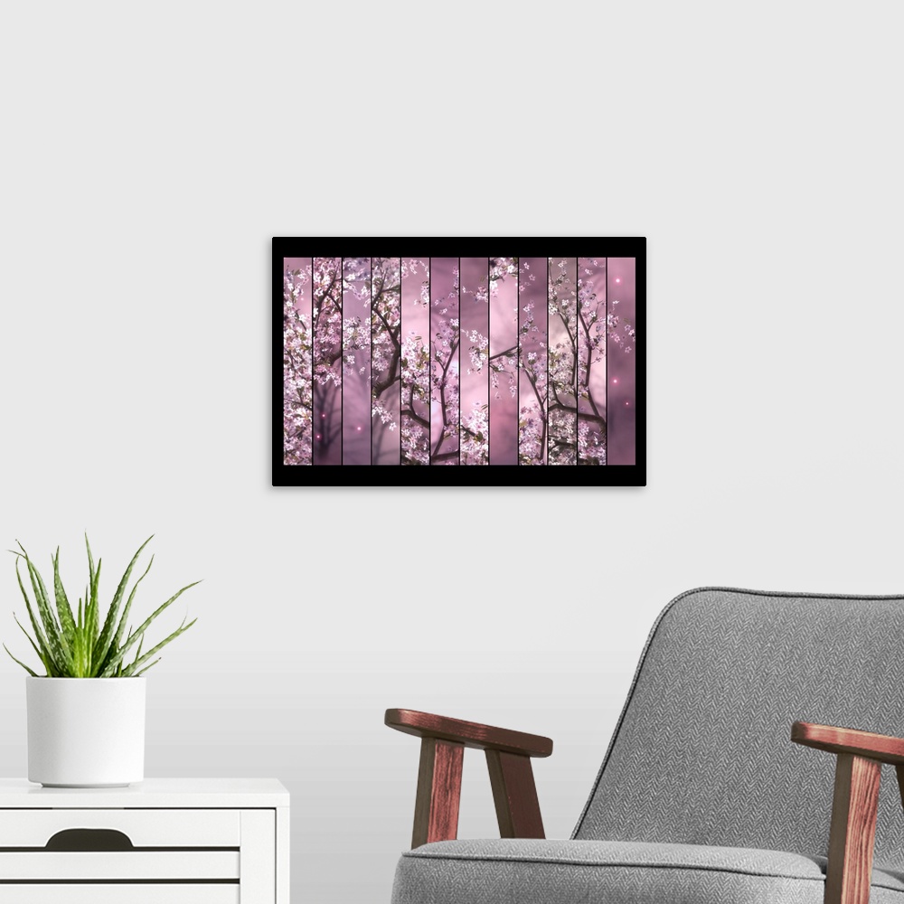 A modern room featuring Vertical panels of cherry tree branches full of pink blossoms.