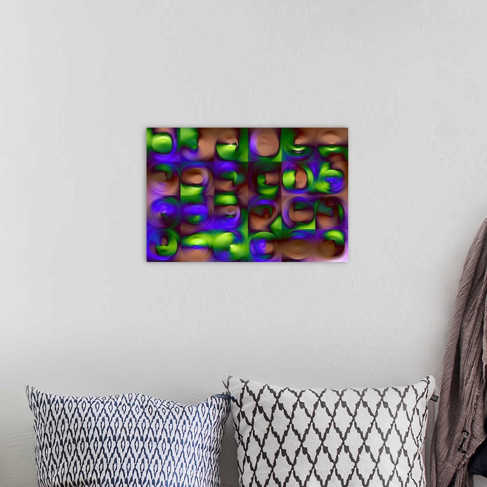 A bohemian room featuring Abstract artwork using deep purple and green tones and water like ripples.