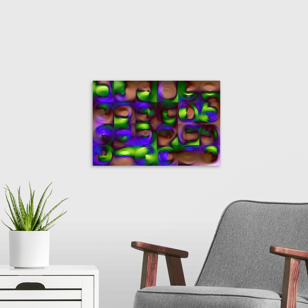 A modern room featuring Abstract artwork using deep purple and green tones and water like ripples.
