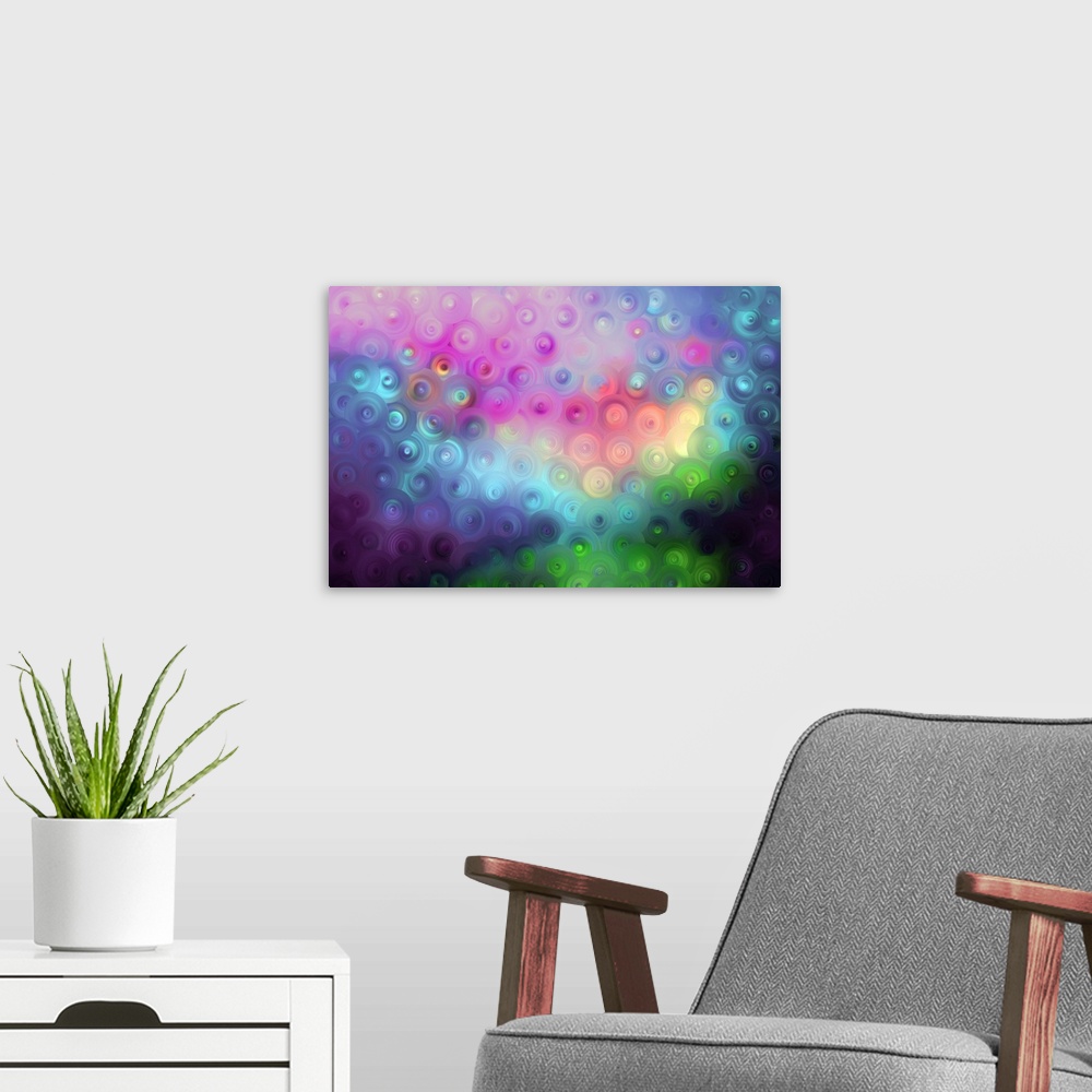 A modern room featuring Abstract artwork of overlapping swirling circles in bold rainbow tones.
