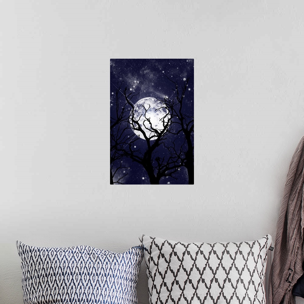 A bohemian room featuring Silhouettes of bare trees in front of a large full moon and a night sky full of stars.