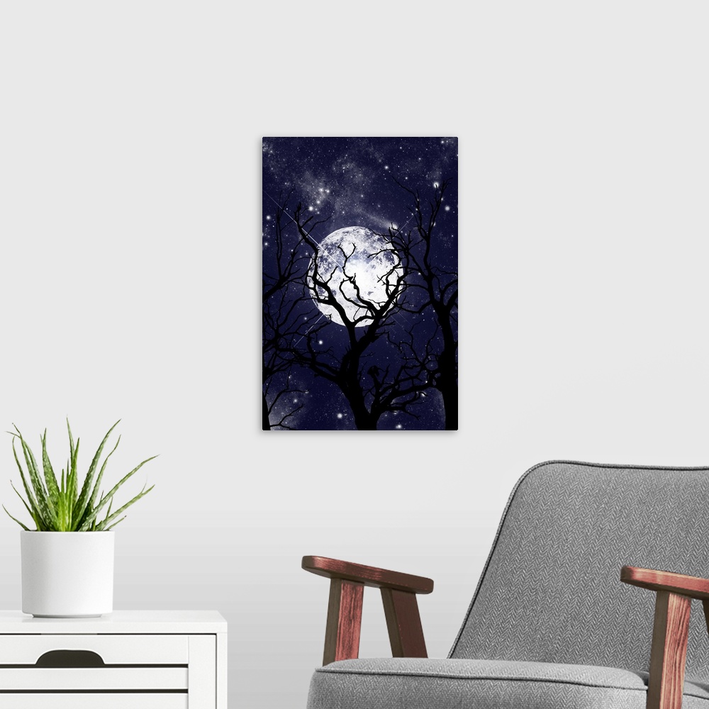 A modern room featuring Silhouettes of bare trees in front of a large full moon and a night sky full of stars.