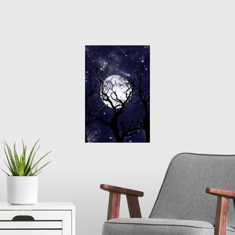 A modern room featuring Silhouettes of bare trees in front of a large full moon and a night sky full of stars.