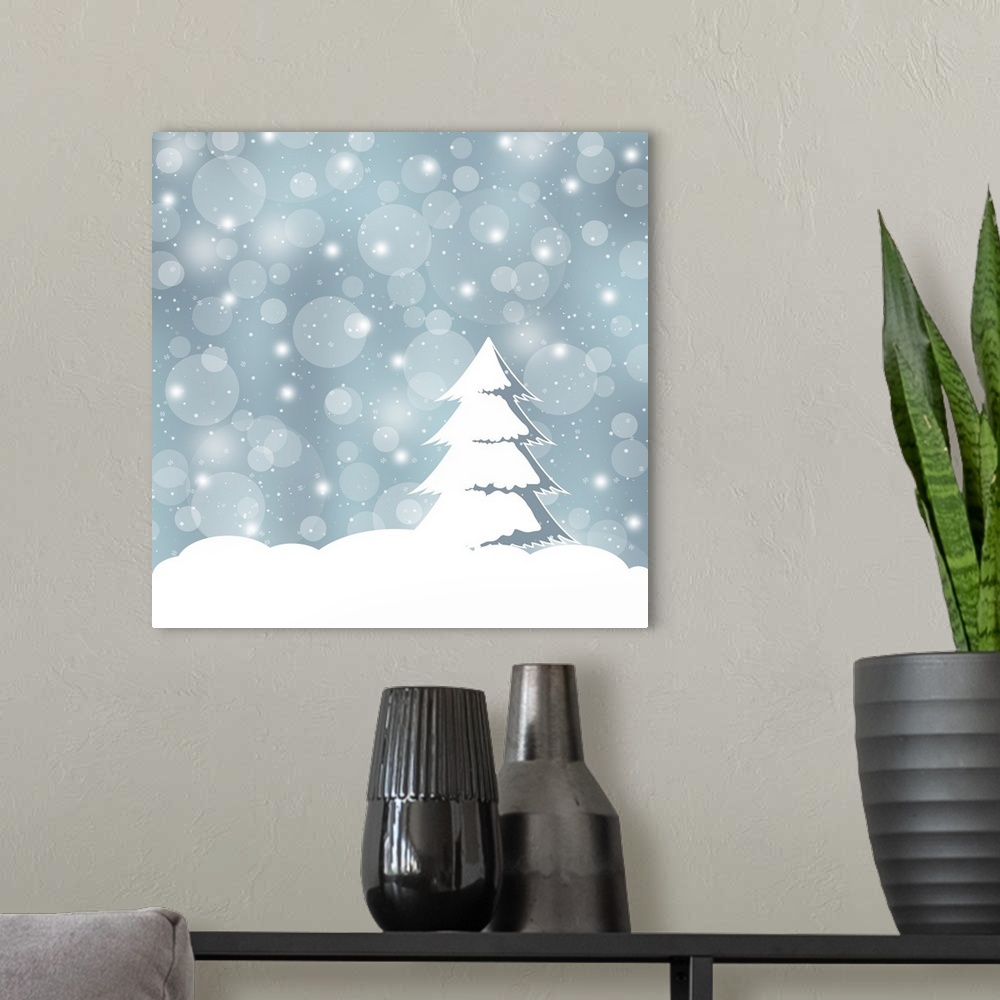 A modern room featuring A pine tree covered in snow during a snowfall with a bokeh background.