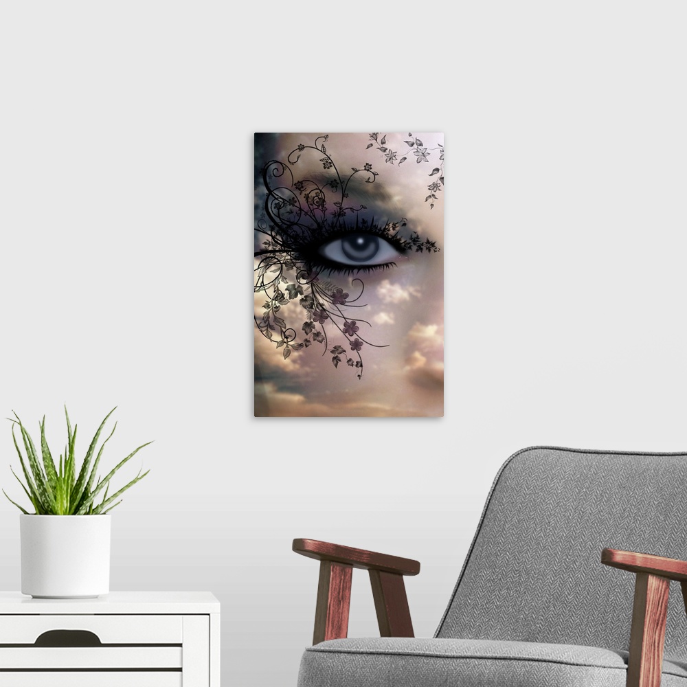 A modern room featuring Portrait large artwork of an eye with thick, heavy lashes that extend into swirling branches of t...