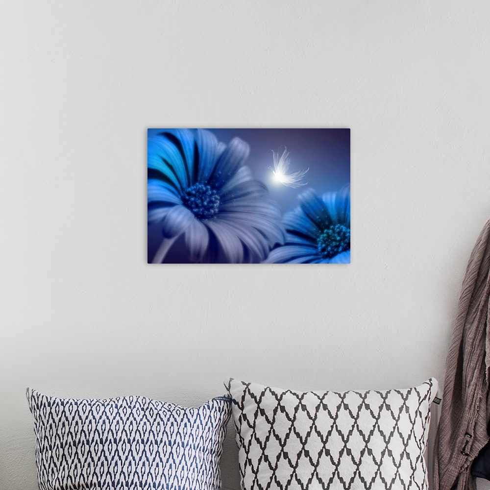 A bohemian room featuring Mixed media artwork of an up-close shot of two daisies with a glowing butterfly.