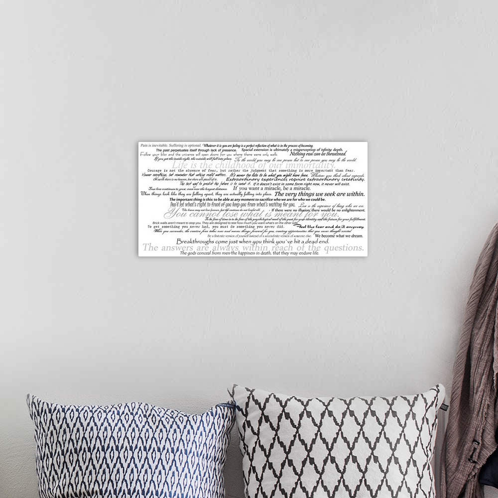 A bohemian room featuring Dozens of inspirational and motivational quotes in black text on a white background.