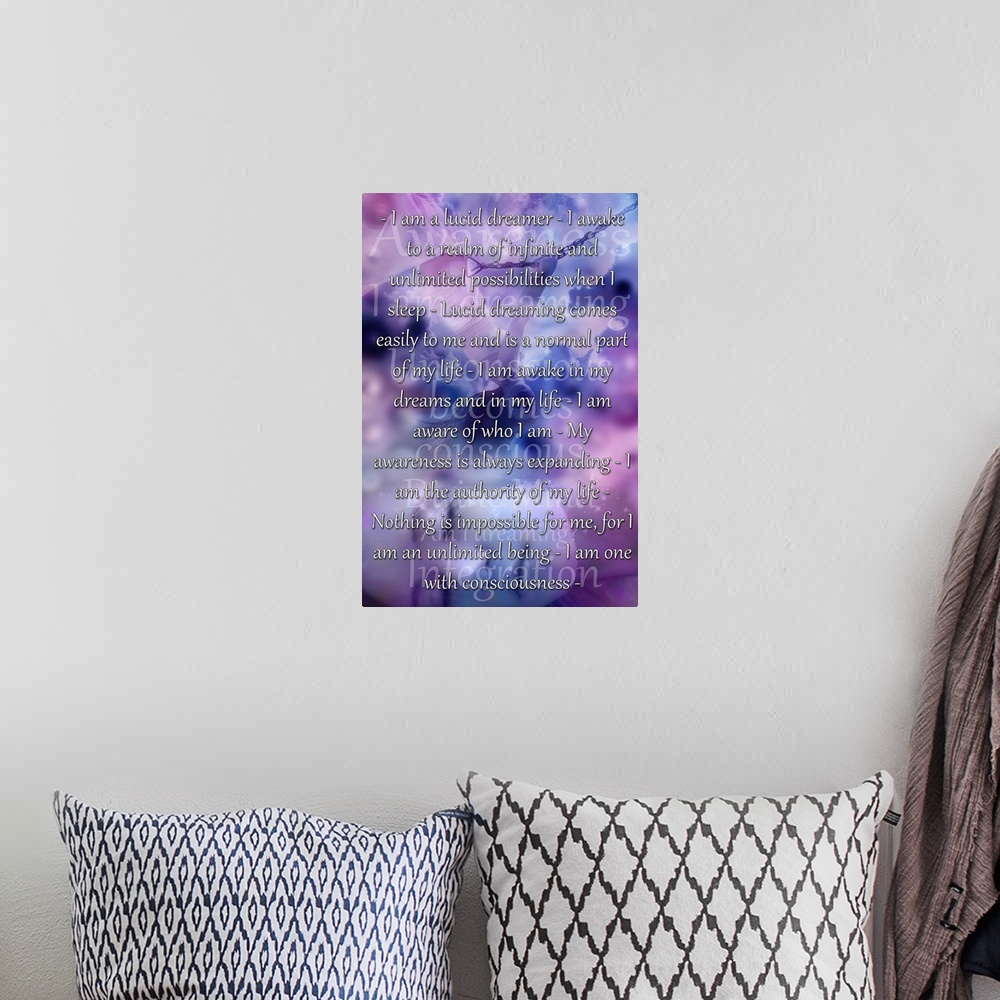 A bohemian room featuring Inspirational personal affirmations for lucid dreams on lavender and pink.