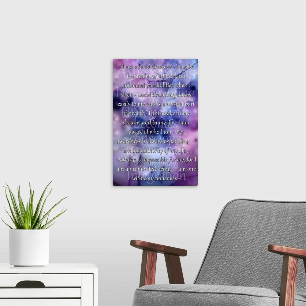 A modern room featuring Inspirational personal affirmations for lucid dreams on lavender and pink.