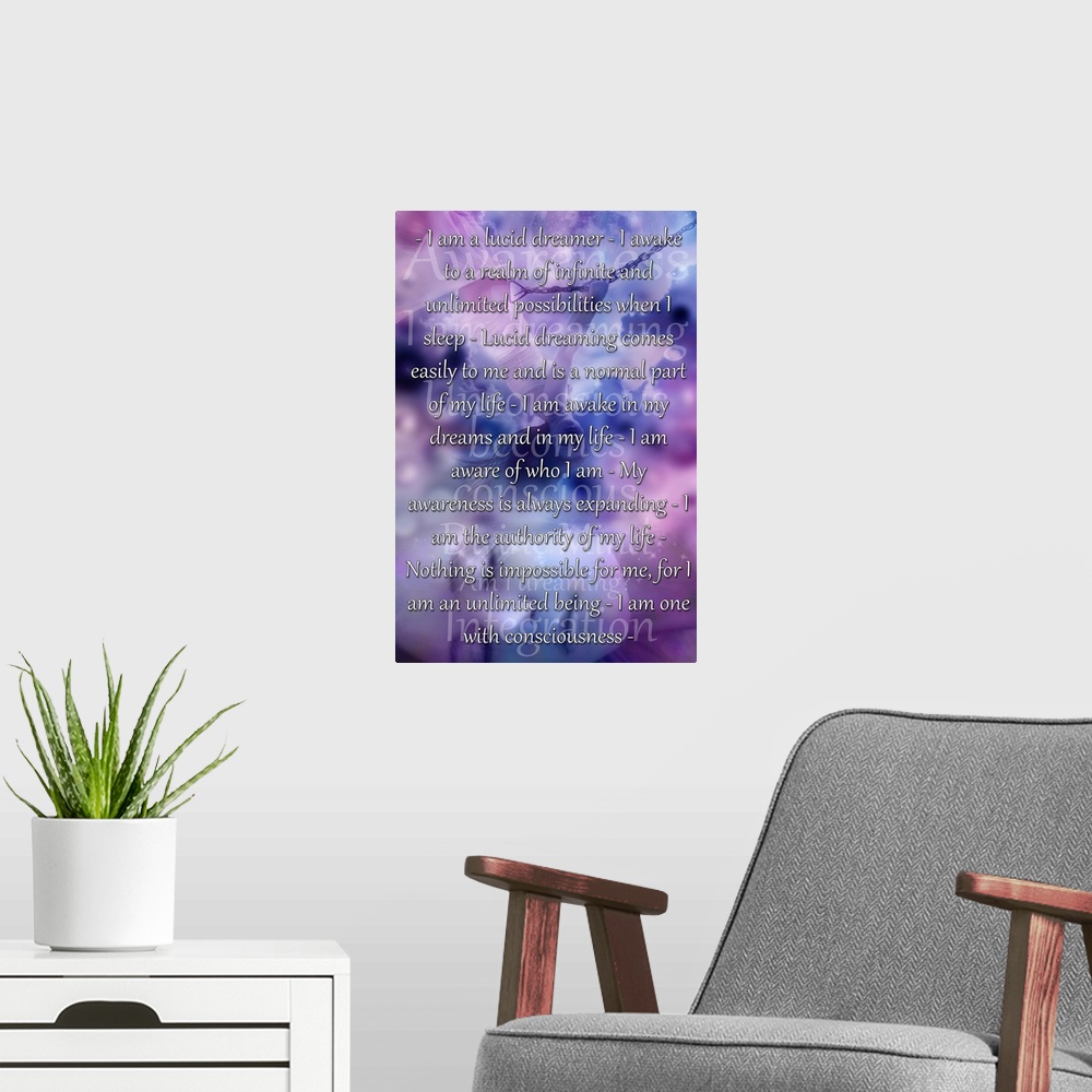 A modern room featuring Inspirational personal affirmations for lucid dreams on lavender and pink.