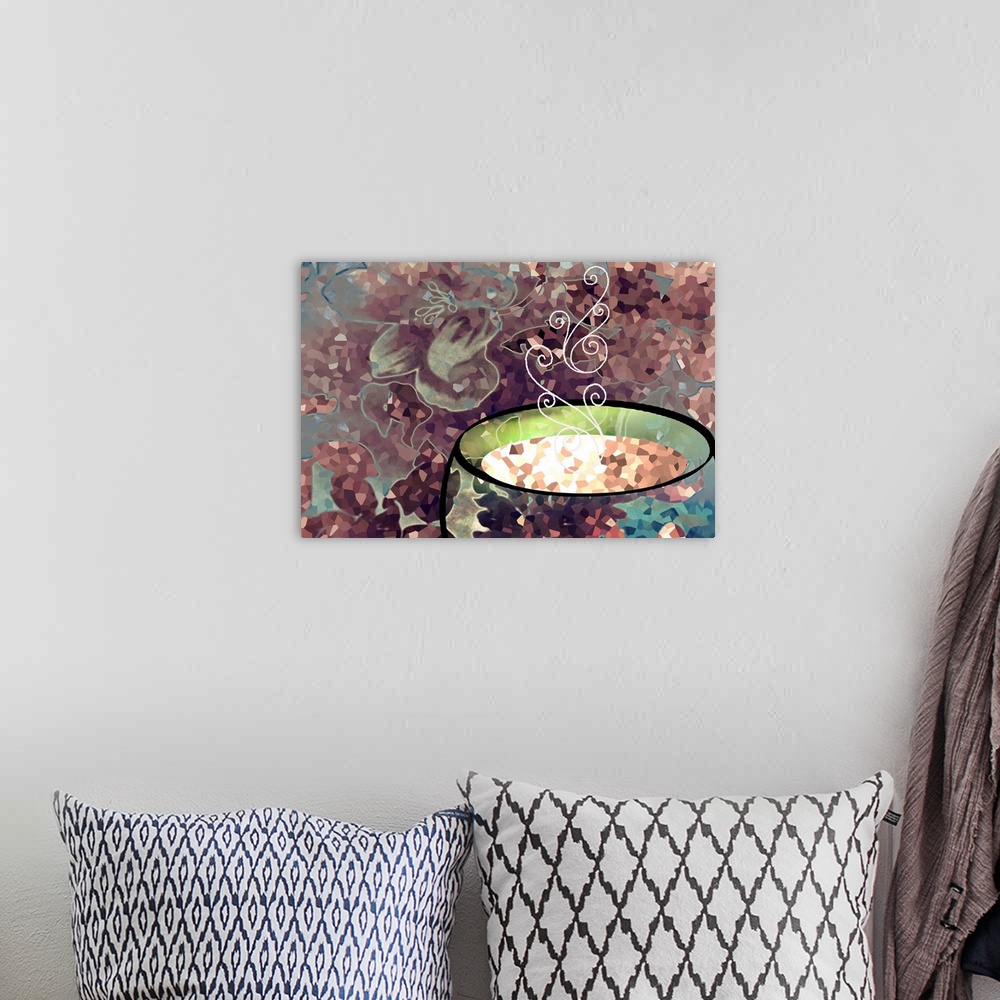 A bohemian room featuring Mosaic style artwork of steam rising from hot liquid in a cup.