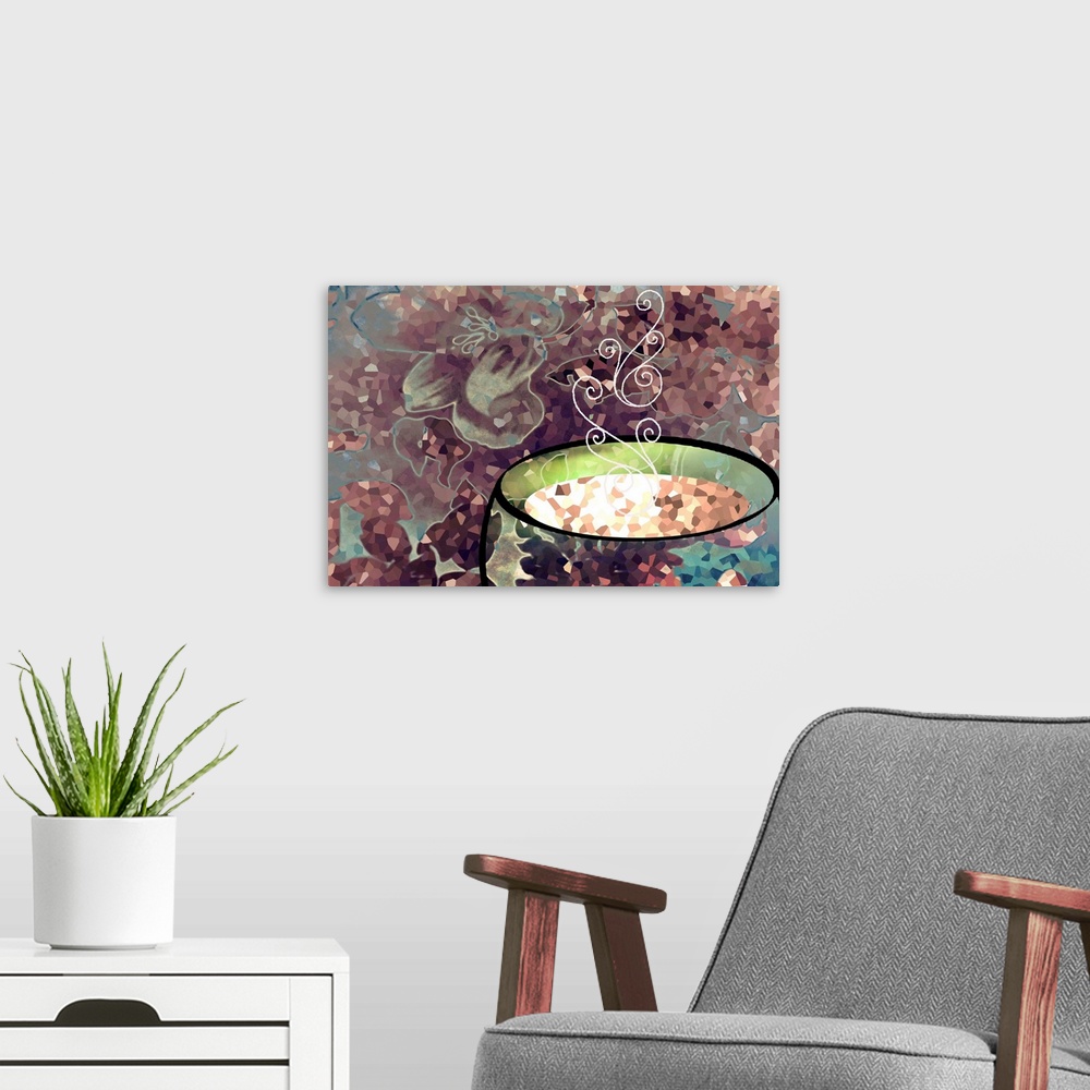 A modern room featuring Mosaic style artwork of steam rising from hot liquid in a cup.