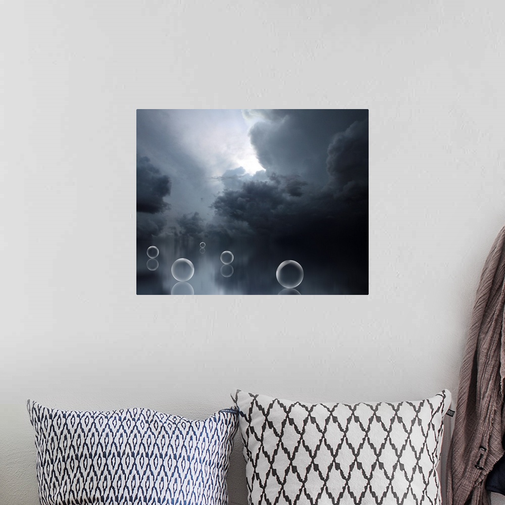 A bohemian room featuring Horizontal fantast artwork on a big canvas of a dark, cloudy sky above several bubbles that appea...