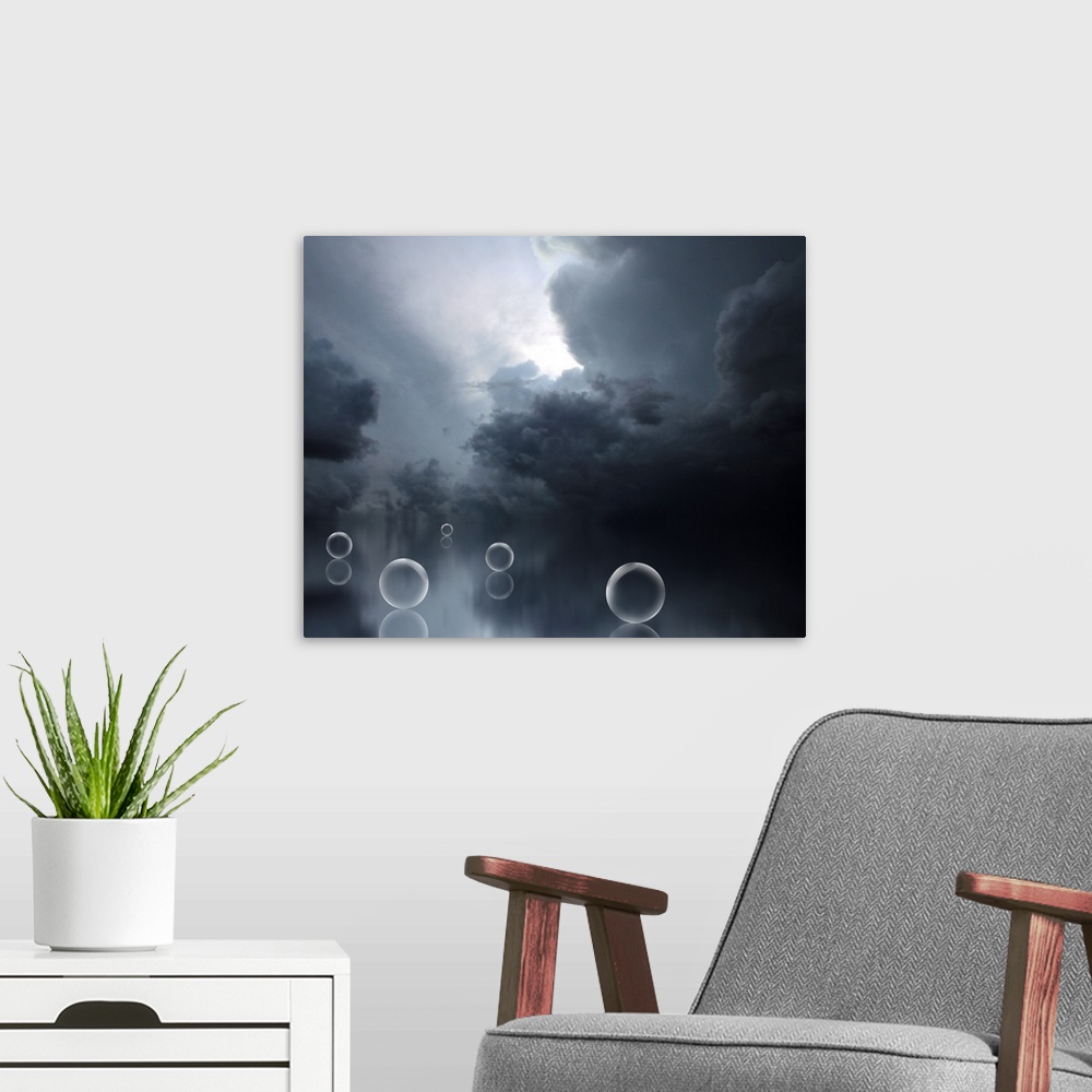 A modern room featuring Horizontal fantast artwork on a big canvas of a dark, cloudy sky above several bubbles that appea...