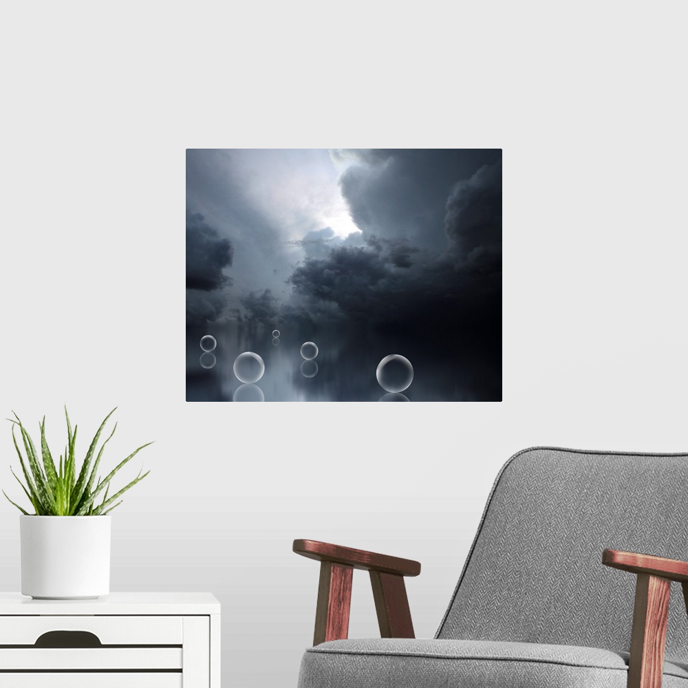 A modern room featuring Horizontal fantast artwork on a big canvas of a dark, cloudy sky above several bubbles that appea...