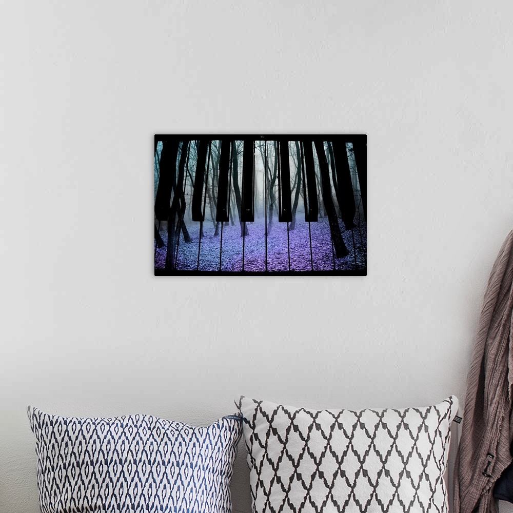 A bohemian room featuring A gloomy forest with twisted bare trees is pictured onto piano keys.